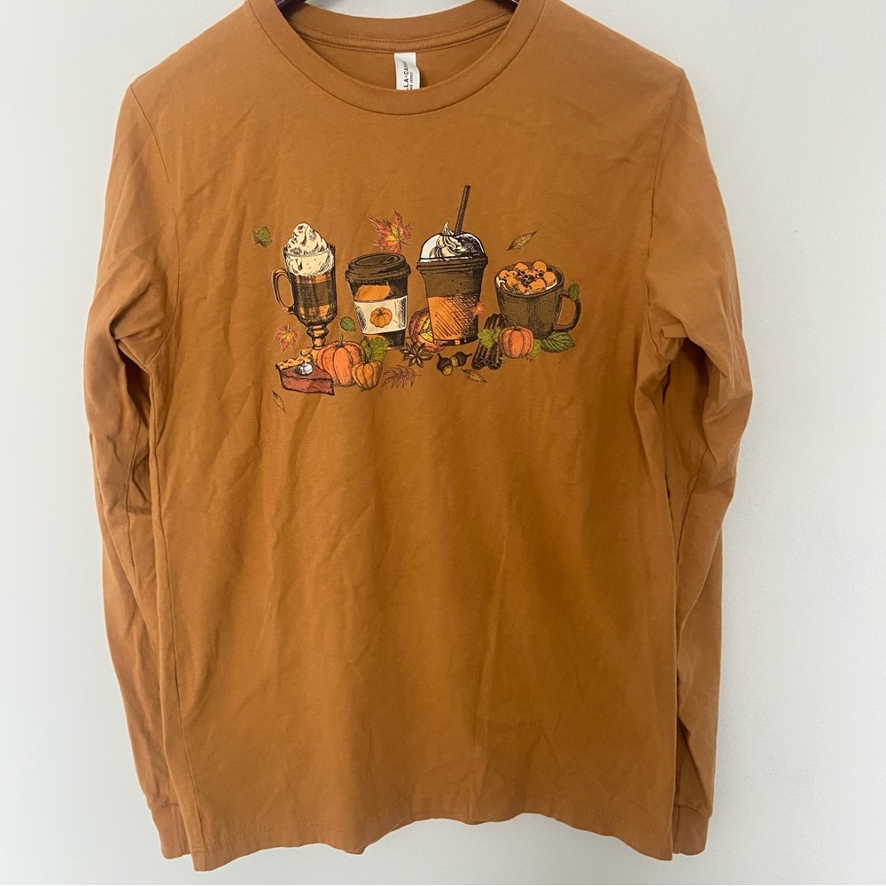 Pumpkin Spice Graphic Long Sleeve T-Shirt - Carmel Beige Brown Orange Coffee